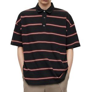 All Saints Men's Arden Contrast Stripes SS Polo Shirt Cotton Oversized Fit Black